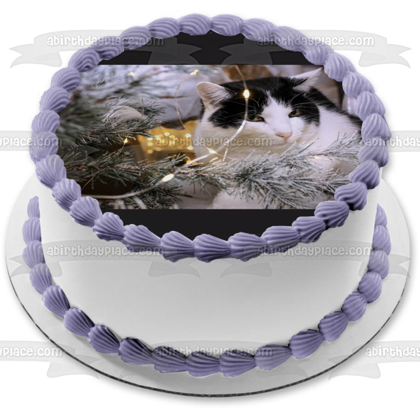 Adorno comestible para tarta con diseño de gato y árbol de Navidad en blanco y negro ABPID50462 