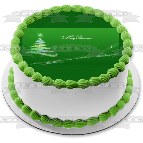 Árbol de Navidad Feliz Navidad Fondo verde Imagen comestible para decoración de tarta ABPID50693 