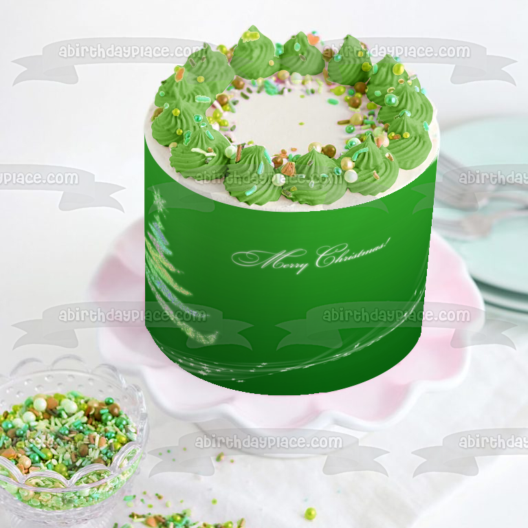 Árbol de Navidad Feliz Navidad Fondo verde Imagen comestible para decoración de tarta ABPID50693 