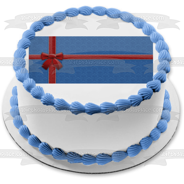 Regalo de Navidad azul con lazo rojo adorno comestible para tarta imagen ABPID50698 