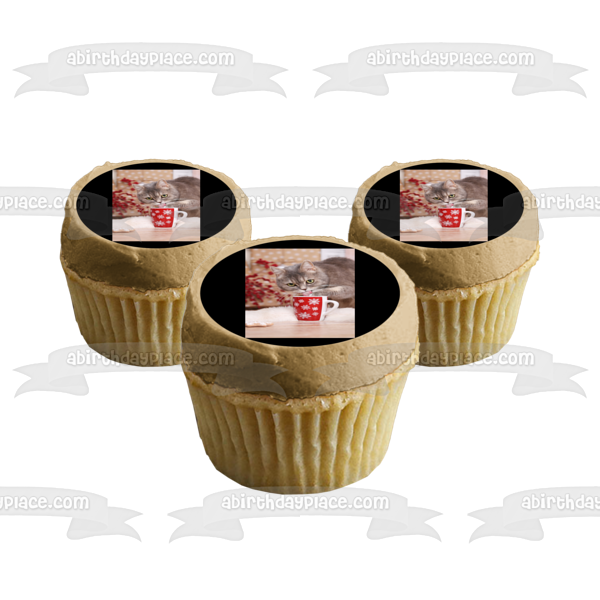 Holiday Cat with Mug Edible Cake Topper Image ABPID50468