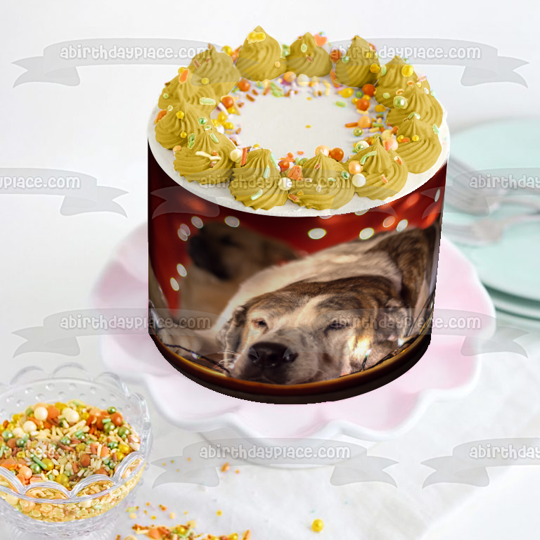 Imagen comestible para tarta con diseño de perro con luces navideñas soñolientas ABPID50469 