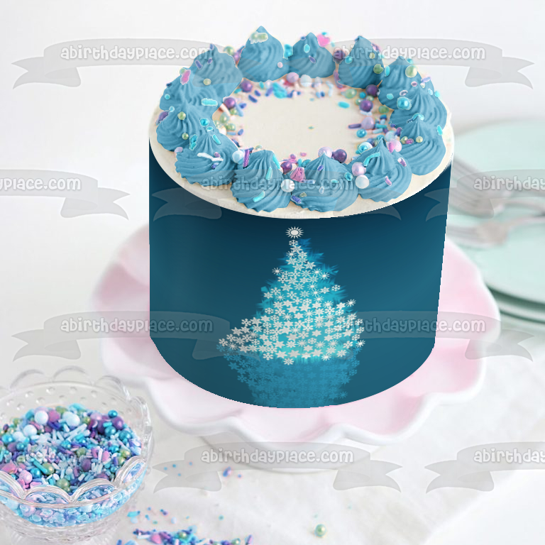 Árbol de Navidad con estrellas y fondo azul, adorno comestible para tarta, imagen ABPID50701 