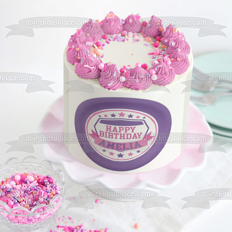 American Ninja Warrior Pink Purple White Stars Banner Round Edible Cake Topper Image ABPID50708