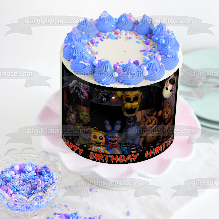 Personalizado Feliz Cumpleaños Cinco Noches en Freddys Bonnie Chica Freddy Fazbear Edible Cake Topper Imagen ABPID51010 