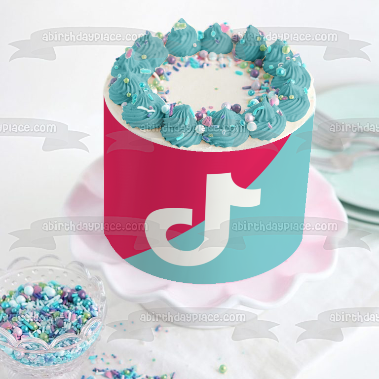 Imagen comestible para decoración de tarta con logotipo de TikTok, color verde azulado y rosa Tik Tok ABPID50775 