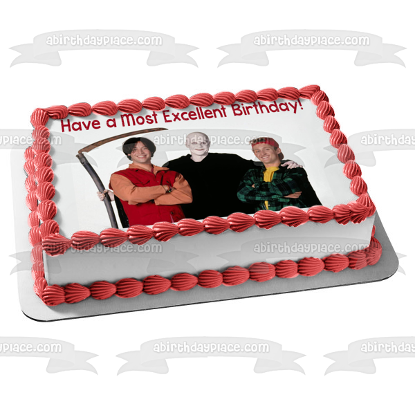 El falso viaje de Bill y Ted Bill Preston Theodore Logan William S. Preston Muerte Que tengas un cumpleaños excelente Feliz cumpleaños Adorno comestible para tarta Imagen ABPID51046 