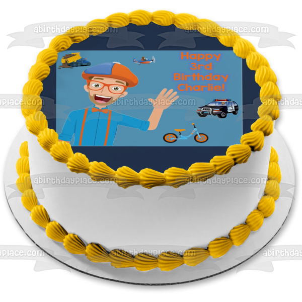 Blippi Youtube Youtuber Transporte Avión Volquete Coche De Policía Bicicleta Personalizada Comestible Cake Topper Imagen ABPID50826 