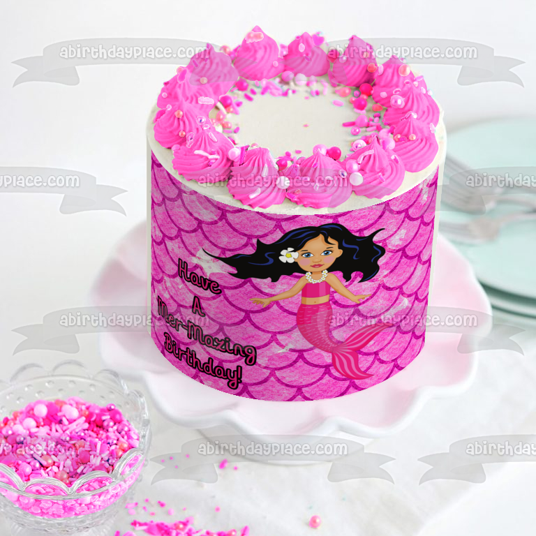 Sirena rosa tiene un cumpleaños Mer-Laberinto Fondo de escamas rosadas Imagen comestible para decoración de tarta ABPID51076 