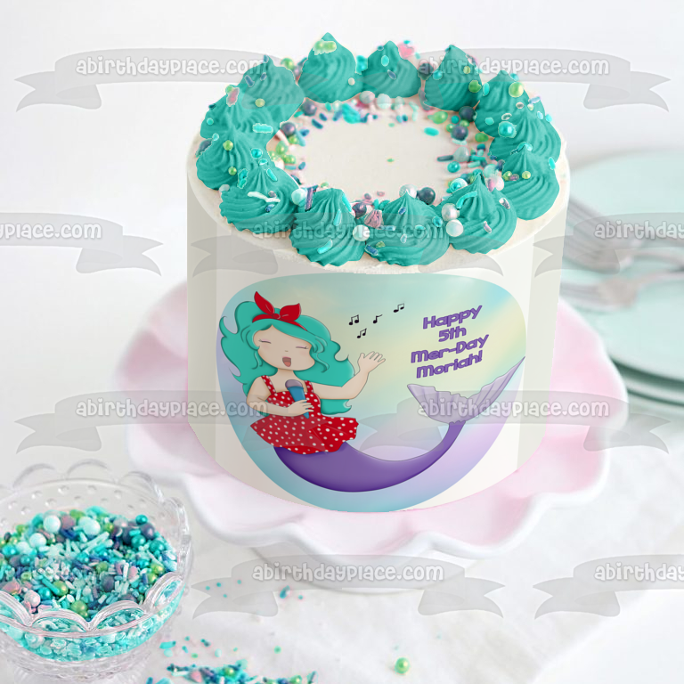 Sirena cantando feliz 5º cumpleaños del día de Mer, nombre personalizado, decoración comestible para tarta, imagen ABPID51077 