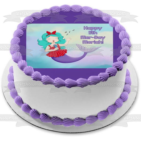 Imagen de decoración comestible para tarta con nombre personalizado del 5º Día de la Sirena cantando feliz ABPID51078