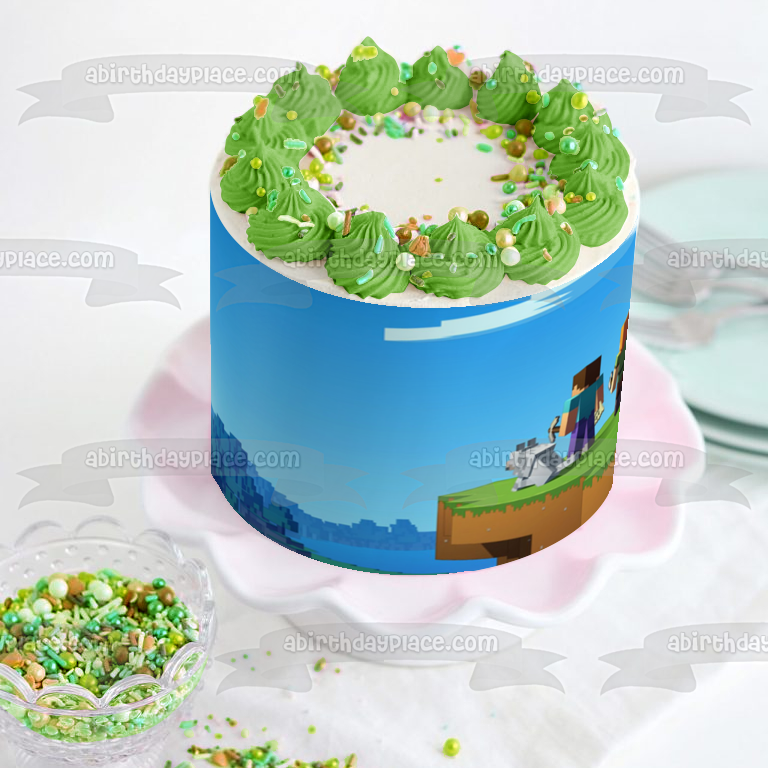 Minecraft - Adorno comestible para tarta con pieles de personajes variados, perro, pájaro, montañas, imagen ABPID51088 