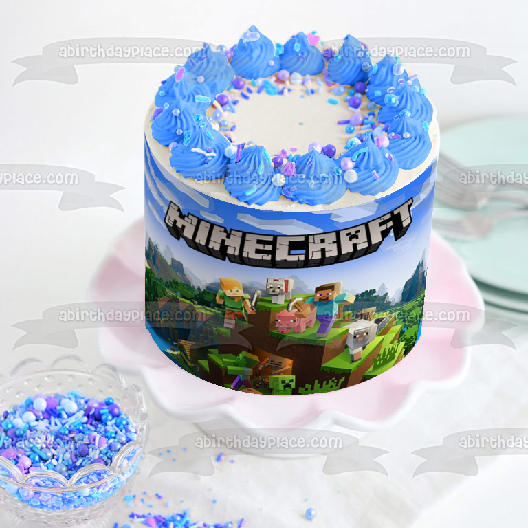 Minecraft Steve Creepers Cerdo Perro Montañas Imagen comestible para tarta ABPID51089 