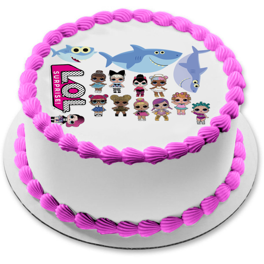 Baby Shark Grandma Shark Grandpa Shark LOL Surprise Queen Bee Sugar Miss Baby Glam Glitter Curious Q.T. Cosmic Queen Teachers Pet Rocker Super B.B. Edible Cake Topper Image ABPID50892