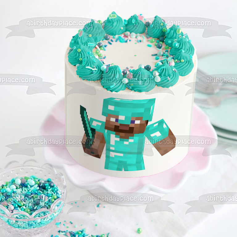 Minecraft Diamond Steve y Blue Diamond Sword Adorno comestible para tarta Imagen ABPID51172 