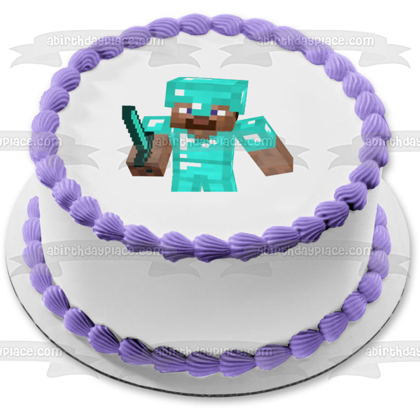 Minecraft Diamond Steve y Blue Diamond Sword Adorno comestible para tarta Imagen ABPID51172 