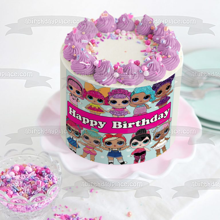 LOL Surprise Feliz cumpleaños Maestra mascota Splash Queen Sugar Spice Glitter Queen Sugar Queen Genie Shorty Purple Queen Edible Cake Topper Imagen ABPID50956 