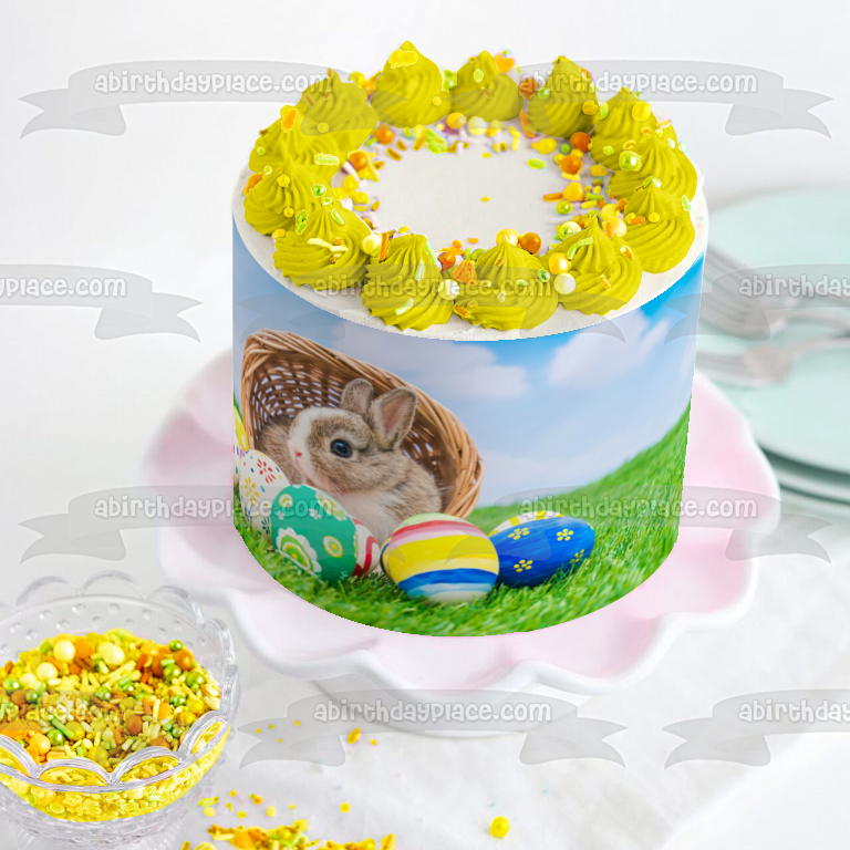 Feliz Pascua Conejito Canasta Huevos De Pascua Adorno Comestible Para Pastel Imagen ABPID51209 