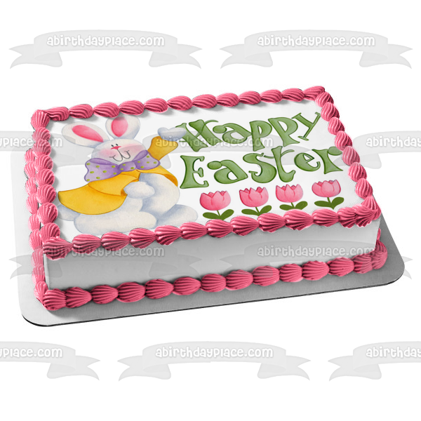 Feliz Pascua Tulipanes rosados ​​Conejito de Pascua Imagen comestible para pastel ABPID51211 