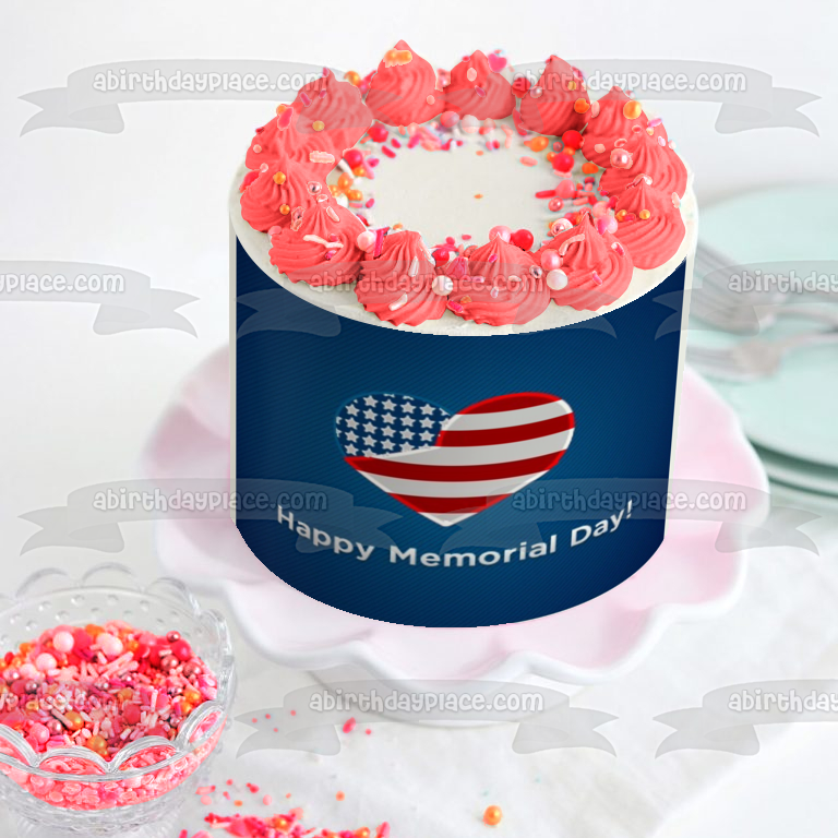 Feliz Día de los Caídos Bandera Americana Corazón Decoración comestible para tarta Imagen ABPID51214 