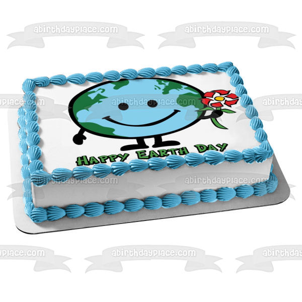 Happy Globe Day Earth Smiling Recycle Sign Flower Edible Cake Topper Image ABPID51219