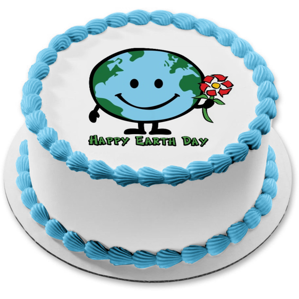 Happy Globe Day Earth Smiling Recycle Sign Flower Edible Cake Topper Image ABPID51219