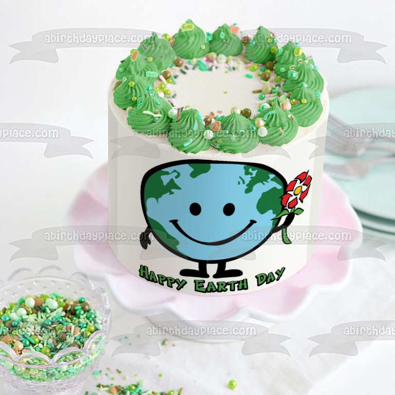 Happy Globe Day Earth Smiling Recycle Sign Flower Edible Cake Topper Image ABPID51219