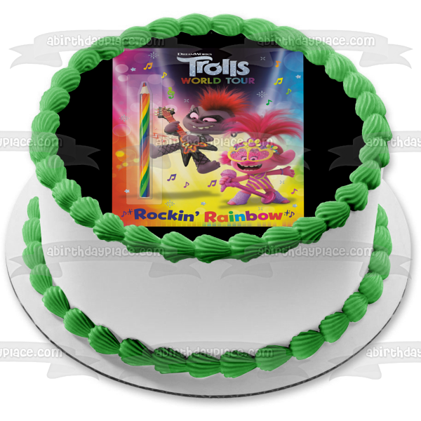 Trolls World Tour Rockin' Rainbow Poppy Singing Queen Barb tocando la guitarra decoración comestible para tarta imagen ABPID51240 