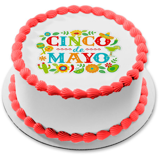 Imagen comestible para decoración de tarta con diseño de cactus y maracas del Cinco de Mayo ABPID51364 