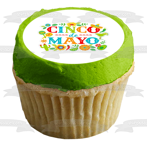 Imagen comestible para decoración de tarta con diseño de cactus y maracas del Cinco de Mayo ABPID51364 