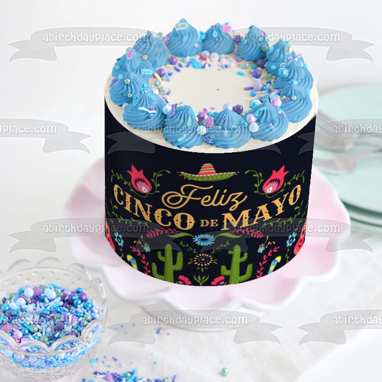 Feliz Cinco De Mayo Sombrero Guitarras Cactus Edible Cake Topper Imagen ABPID51365 