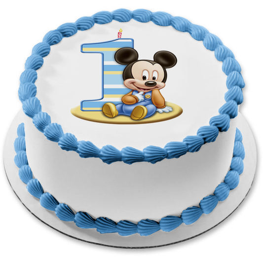 Baby Mickey Mouse 1st Birthday Candle Edible Cake Topper Image ABPID51271