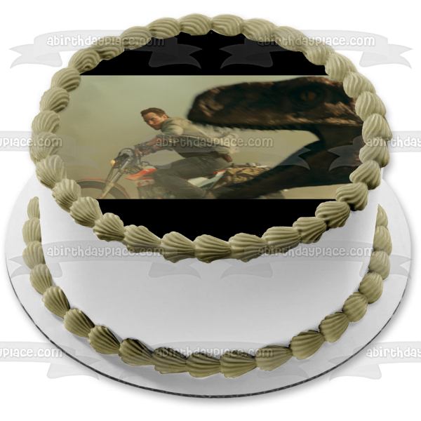 Jurassic World: Dominion Owen Grady on Motorcycle and a T-Rex Edible Cake Topper Image ABPID56383