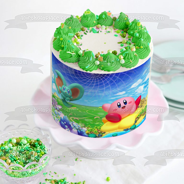 Adorno comestible para tarta con escena del juego Kirby's Dream Land, imagen ABPID56400 