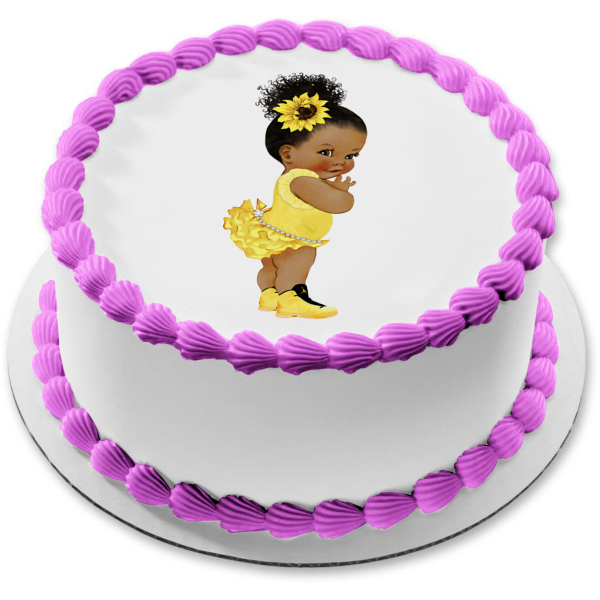 African American Baby Girl Girasol Amarillo Tutu Jordan Zapatillas Edible Cake Topper Imagen ABPID51460 