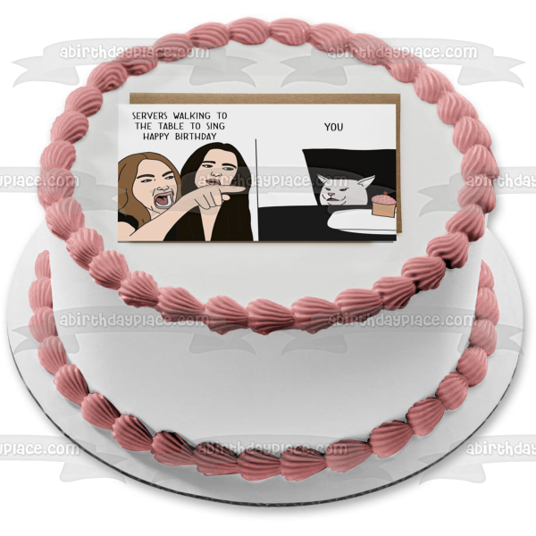 Meme Lady Yelling at Cat Cartoon Happy Birthday Edible Cake Topper Image ABPID51470