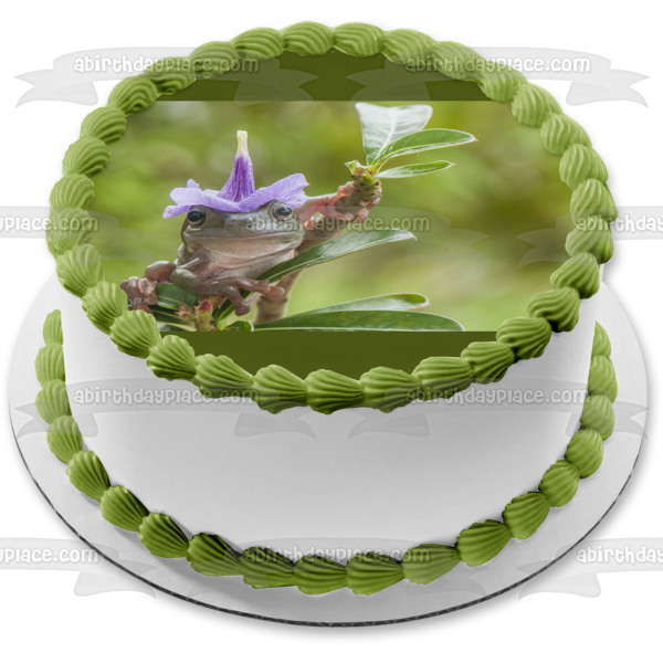 Frog Wearing a Flower Hat Edible Cake Topper Image ABPID52042