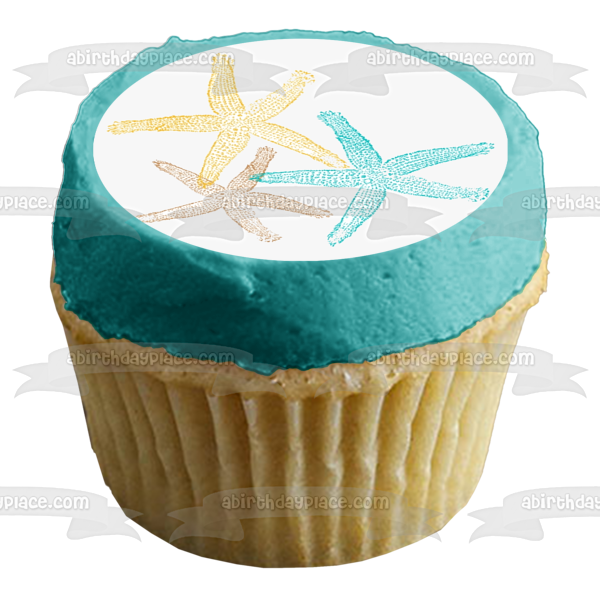 Imagen de decoración comestible para tarta con diseño de estrella de mar y vida oceánica colorida ABPID52045 