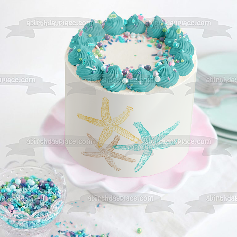 Imagen de decoración comestible para tarta con diseño de estrella de mar y vida oceánica colorida ABPID52045 