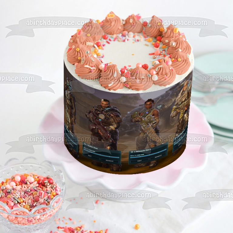 Imagen de decoración comestible para tarta con pantalla de carga de personajes de Gears Tactics ABPID51932 