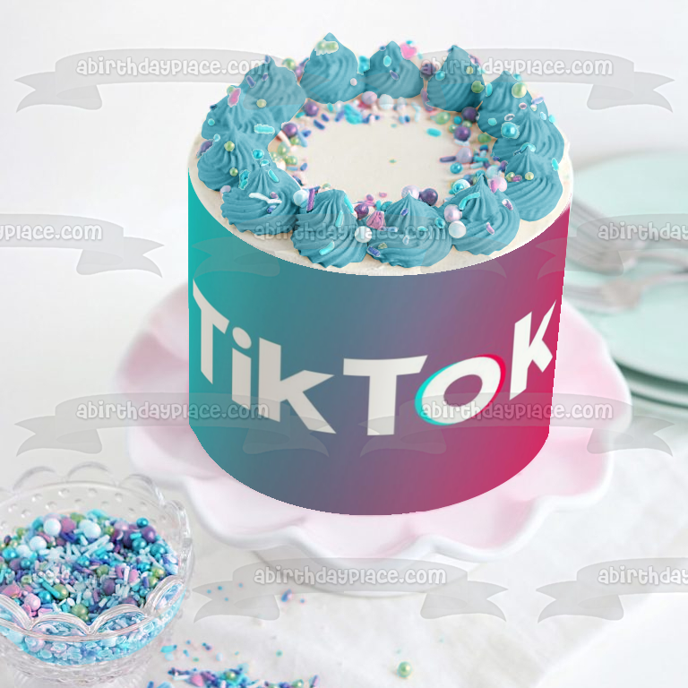 Imagen comestible para decoración de tarta con logotipo de Tik Tok, fondo azul y rosa, ABPID51985 