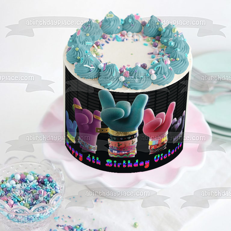 Trolls World Tour Happy Birthday Personalized Rock Hands Edible Cake Topper Image ABPID51988