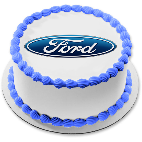 Imagen de decoración comestible ovalada para tarta con el logotipo de Ford Car Company, color azul y blanco, ABPID52190 