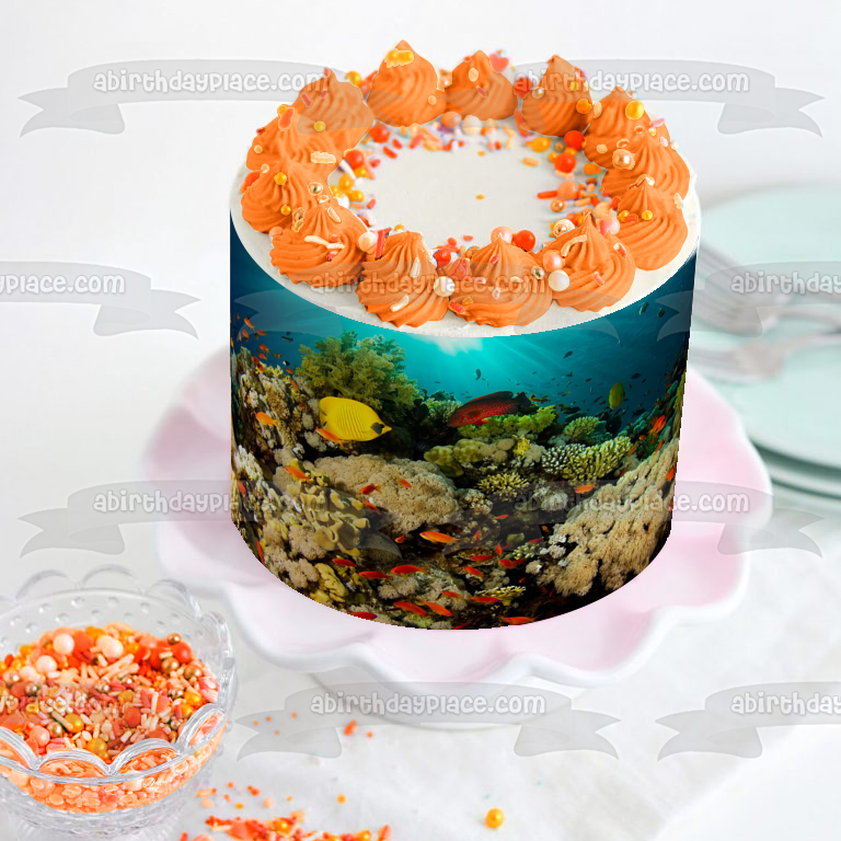 Imagen comestible para tarta con diseño de paisaje de vida oceánica, pez, coral, ABPID52521 