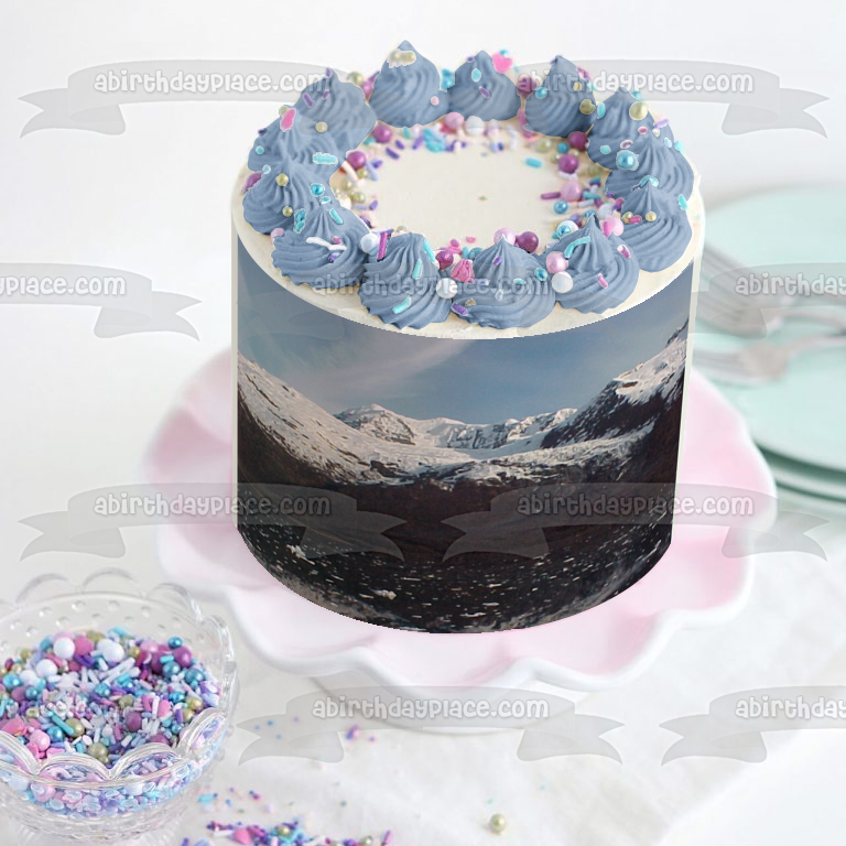 Decoración comestible para tarta con paisaje de montañas nevadas, imagen ABPID52530 