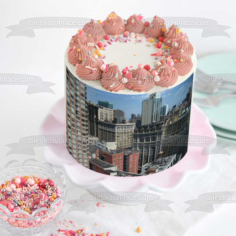 Imagen de decoración comestible para tarta con paisaje de edificios de la ciudad ABPID52582 