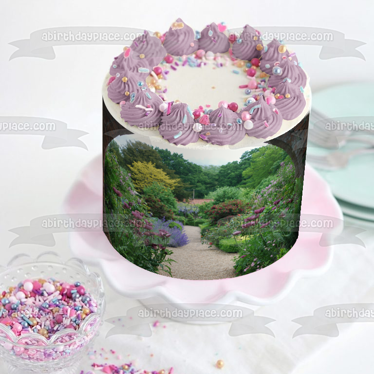 Adorno comestible para tarta con paisaje de flores y árboles, imagen ABPID52584 