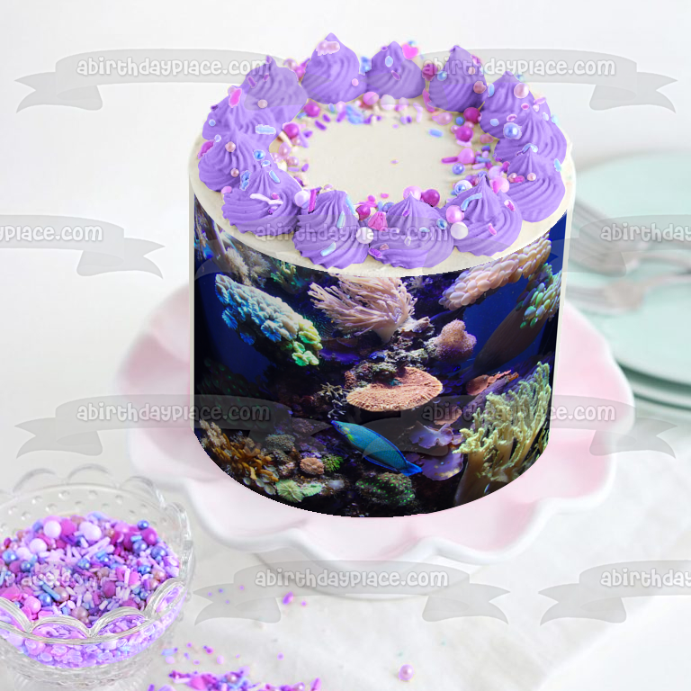 Decoración comestible para tarta con diseño de coral y paisaje marino, imagen ABPID52590 