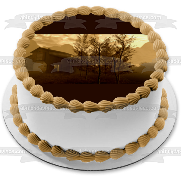 Decoración comestible para tarta con diseño de casa de granja, árboles y montañas, imagen ABPID52604 