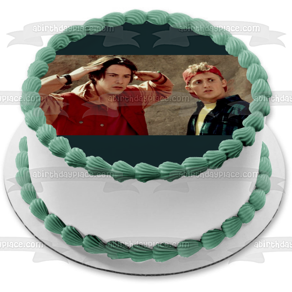 Adorno comestible para tarta de comedia de los años 90 con el falso viaje de Bill y Ted, imagen ABPID52618 